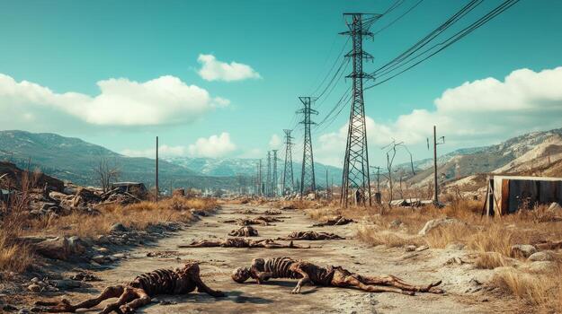 A desolate landscape with dead animals scattered across the ground photo