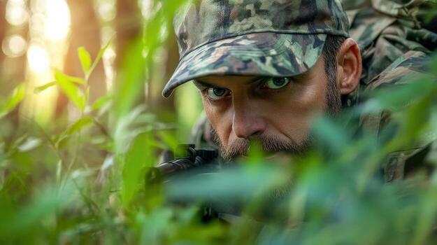 un hombre en camuflaje engranaje es agachado en el bosque foto