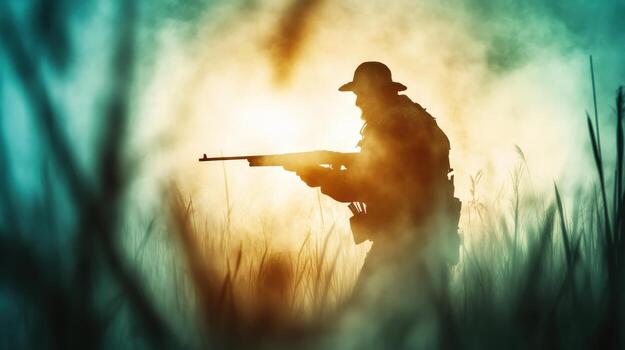 A man in a camouflage hat is holding a rifle in a field photo