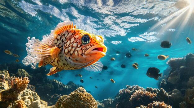 A fish with a big eye is swimming in the ocean. The fish is orange and has a pattern on its body photo