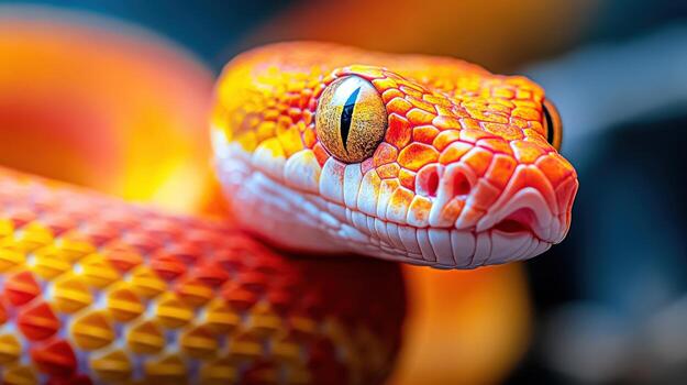 A close up of snake with a yellow and orange head photo