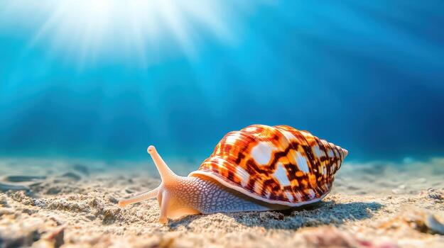 un grande cáscara con un pequeño criatura en parte superior de él. el cáscara es en un arenoso playa foto