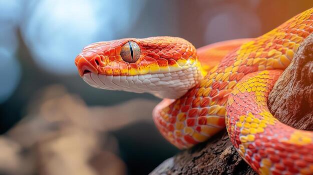 a close up of a red and orange snake photo