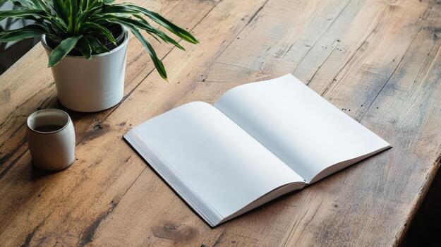 A book is open on a wooden table with a potted plant next to it photo