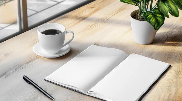 A book open on a wooden table with a potted plant next to it. The book is white and the table is made of wood photo
