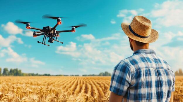 man in a straw hat is standing in a field with a drone flying overhead photo