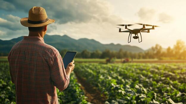 A man in straw hat is standing in a field with a drone flying overhead photo