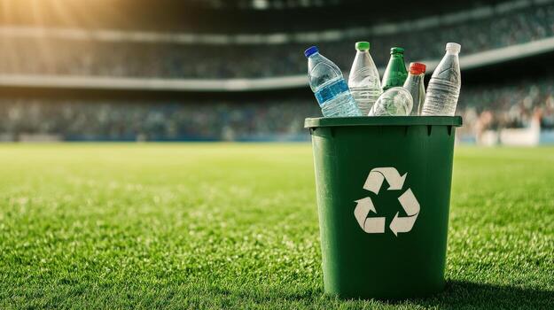 un verde basura lata con un reciclaje símbolo en eso es lleno con el plastico botellas foto