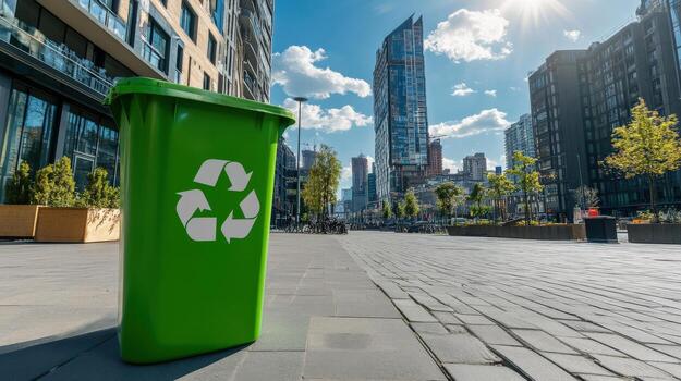 un verde basura lata con un reciclaje símbolo en eso se sienta en un acera en frente de un foto