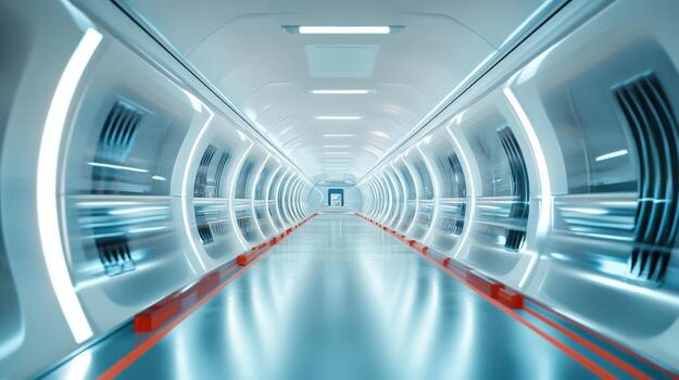 A long, empty tunnel with a bright blue light shining down on it photo