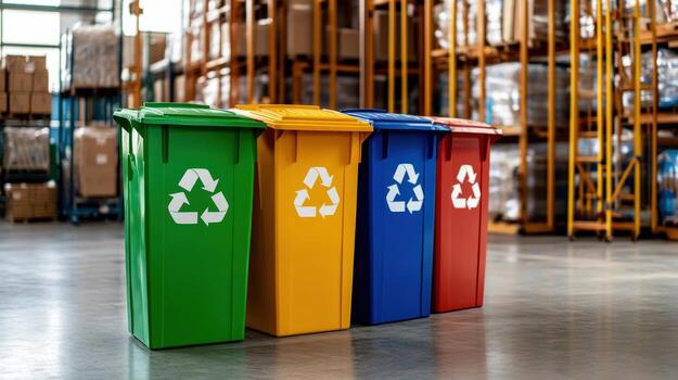 cuatro diferente de colores basura latas con el palabra reciclar en ellos foto