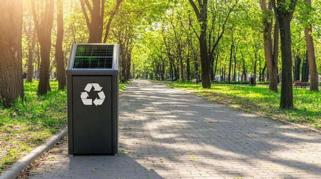 un basura lata con un reciclar firmar en eso es en un parque foto