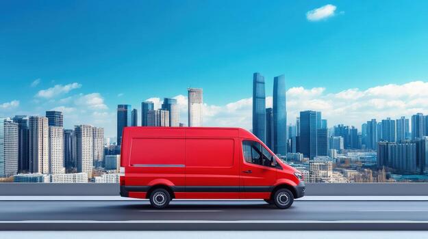 red delivery van on the road with cityscape in background photo