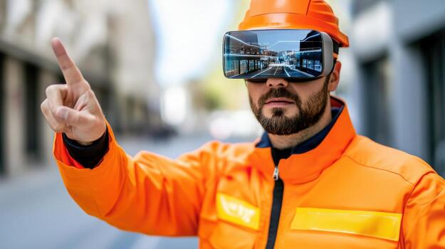 A man in an orange jacket is pointing at a virtual reality display photo