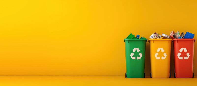 Three trash cans are lined up on a yellow wall photo