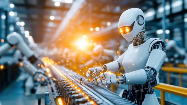 A robot is working on a conveyor belt in a factory photo