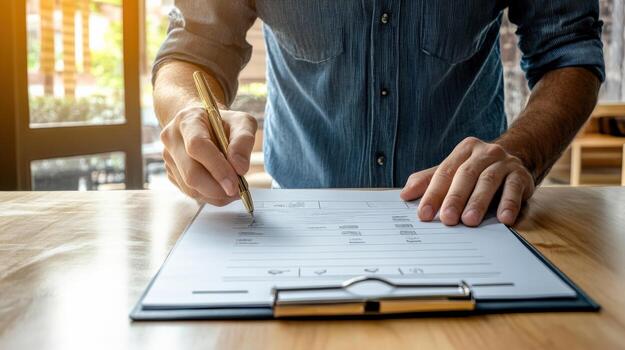 A man is writing with pen on a piece of paper photo