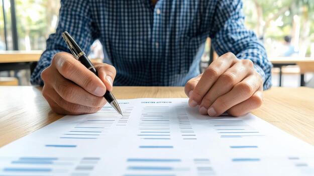 A man writing with a pen on a piece of paper photo