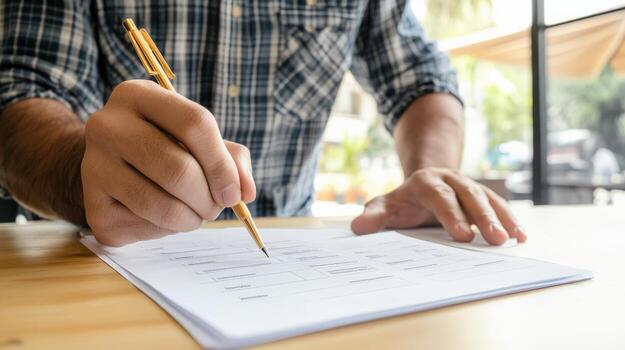 man writing on paper with pen photo
