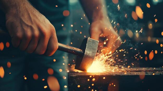 A man is hammering a piece of metal, creating sparks and fire. Concept of hard work and determination, as the man is focused on his task despite the danger of the sparks and fire photo
