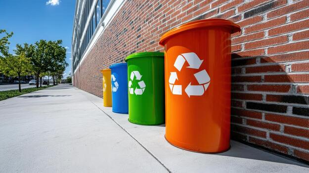 Four trash cans are lined up on a sidewalk, each with a different color photo