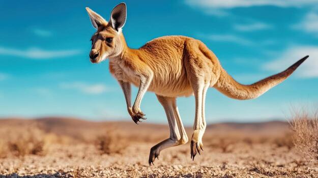 A kangaroo is leaping through the desert photo