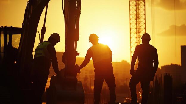Three men are standing in front of a large construction site photo