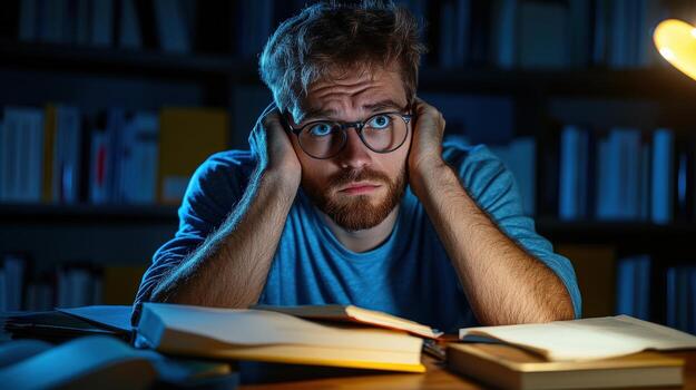 A man is sitting at a desk with two books in front of him photo