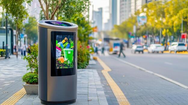 A futuristic trash with a screen photo