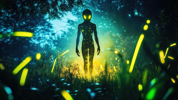 an alien standing in the grass with glowing lights photo