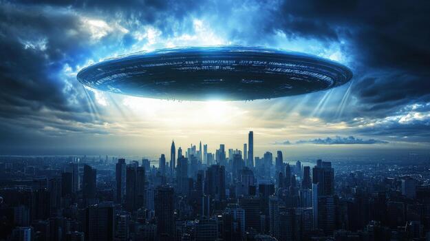 A large alien spaceship is hovering over a city at sunset. The city is lit up with lights and the sky is cloudy. Scene is mysterious and ominous photo