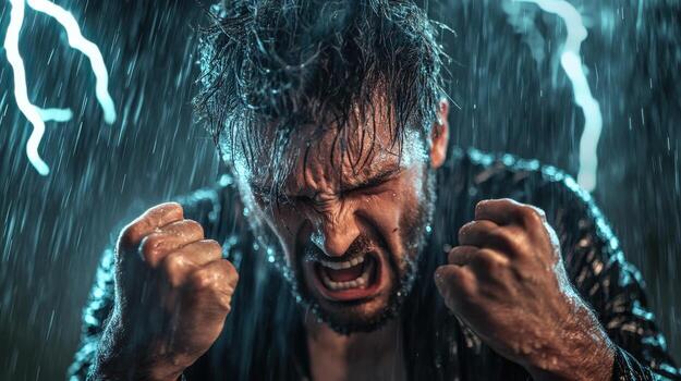 un hombre es enojado en el lluvia con relámpago foto
