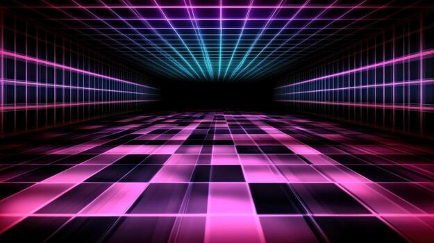 Futuristic neon grid with glowing lights in pink and blue tones, creating vibrant atmosphere. Ideal for sci fi themes and digital art photo