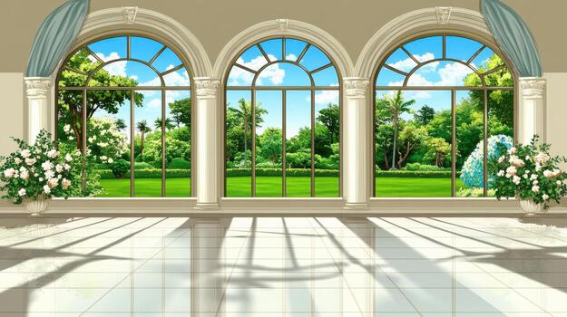 A large room with three arched windows and a white floor photo
