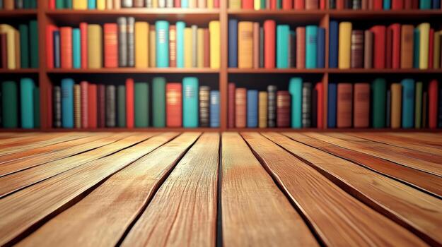 A wooden shelf with many books on it. The books are of different colors. The shelf is empty photo
