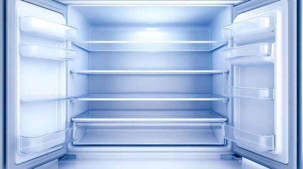 A refrigerator with the door open and the shelves empty photo