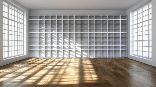 A large empty room with a white wall and wooden floors photo