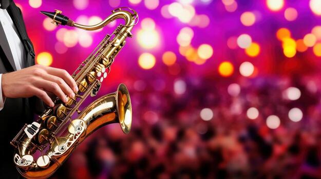 A man playing a saxophone in front of a crowd photo
