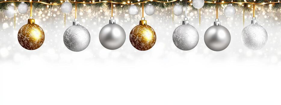 A row of Christmas ornaments with a gold and white one in the middle photo