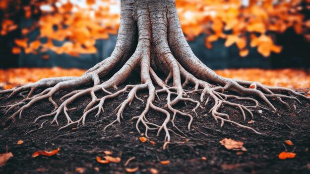 the roots of a tree are shown in the autumn photo