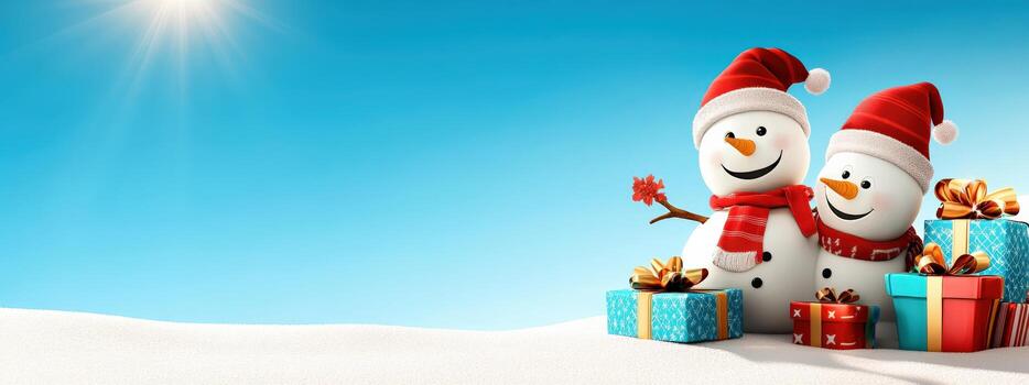 Two snowmen with red hats and scarves standing in front of a blue box photo