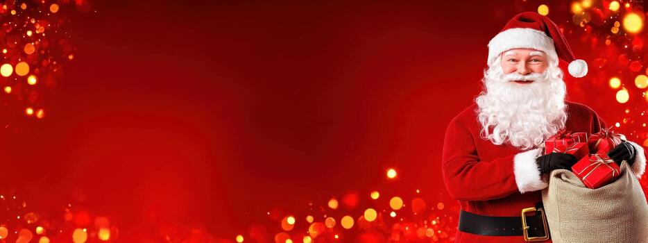 A red background with a man dressed as Santa holding a bag photo