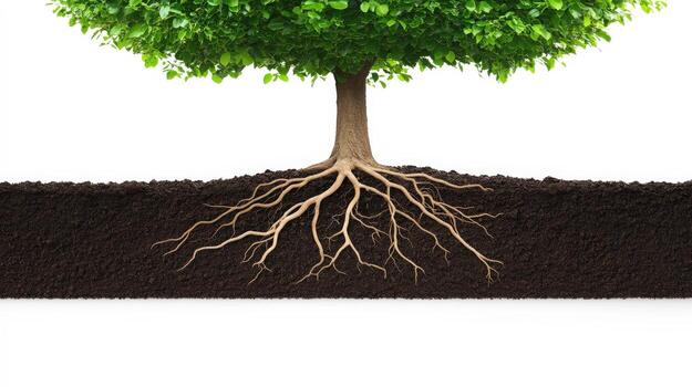 tree with roots on soil isolated on white background photo