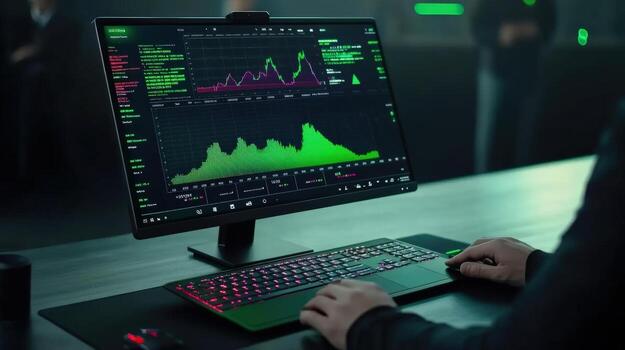 A person is typing on a computer keyboard in front of a monitor photo