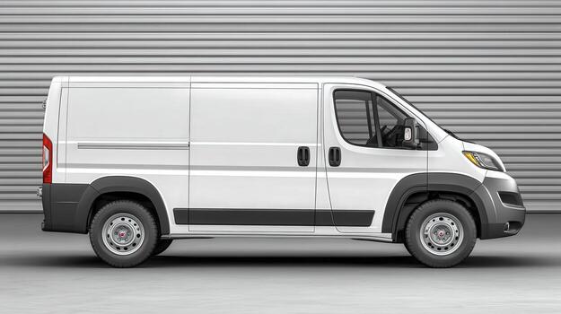 A white van is parked in front of a wall photo