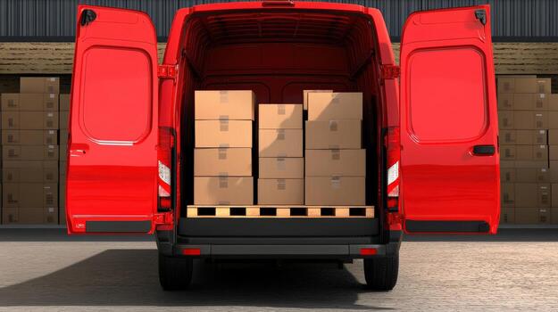 A red van is parked with its back door open photo