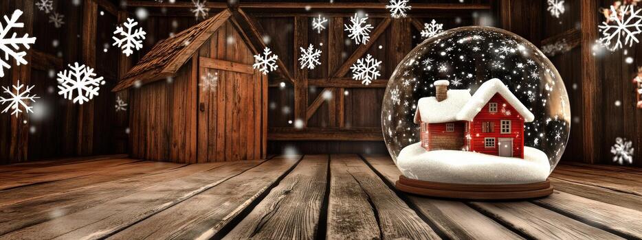 A snow globe with a house in it is on a wooden floor photo