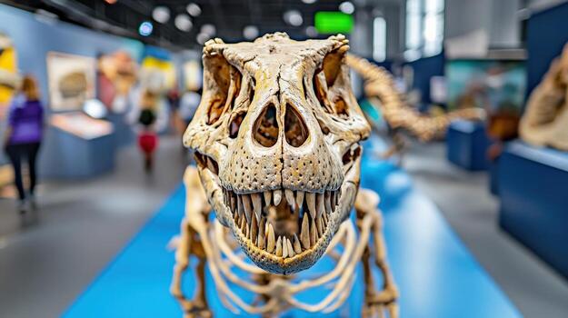 a dinosaur skeleton displayed in a museum photo