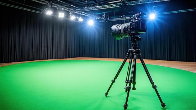 A camera is on a tripod in a green room photo
