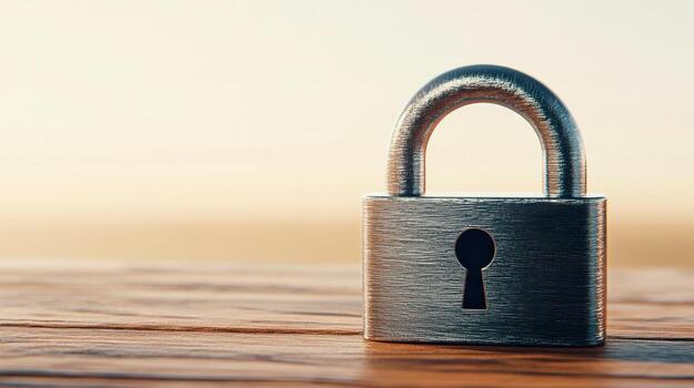 A silver lock with a keyhole on a wooden table photo